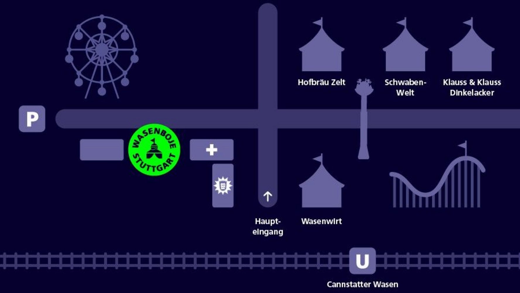Grafik, wie man die Wasenboje findet. Vom Haupteingang am P10 kommend, auf der rechten Seite nach dem Riesenrad auf der linken Seite.